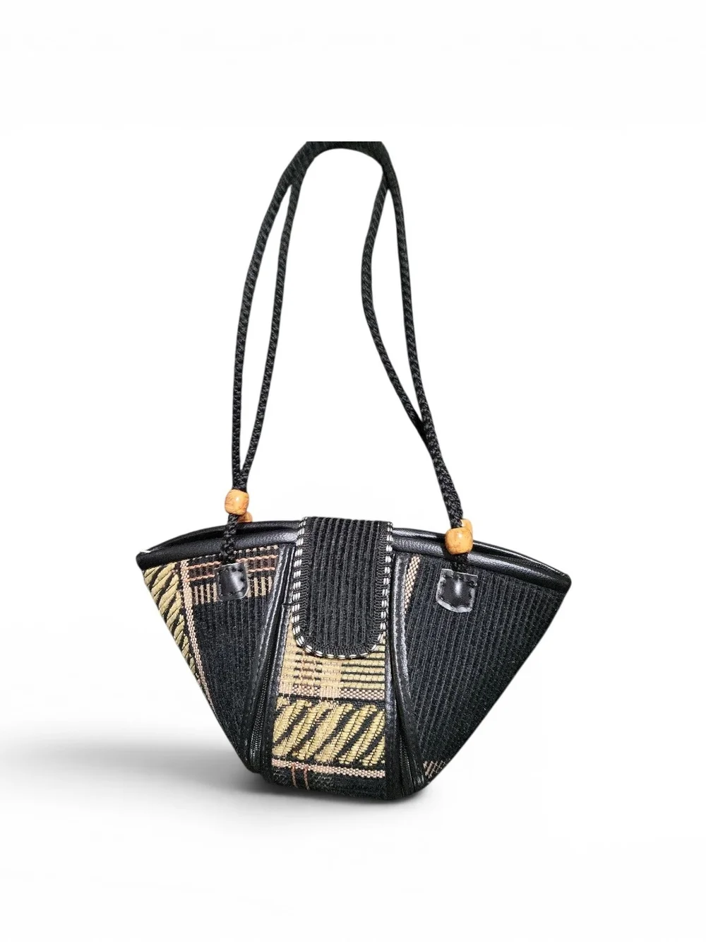 Boho Geometric Black & Tan Zippper Shoulder Bag 7.5Hx12W
